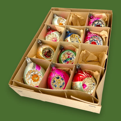 Christmas Tree Ornaments: Vintage Murcury Glass Indents Boxed Set 2.5" Ball 🎅