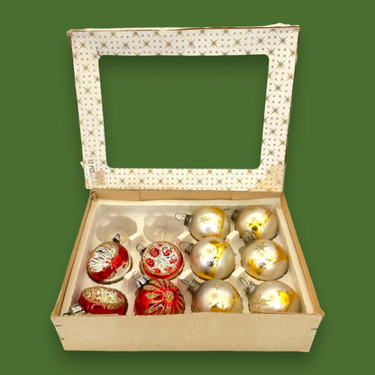 Vintage Glass Ornament Set: Mid-Century Christmas Ornaments Red Yellow 🎄