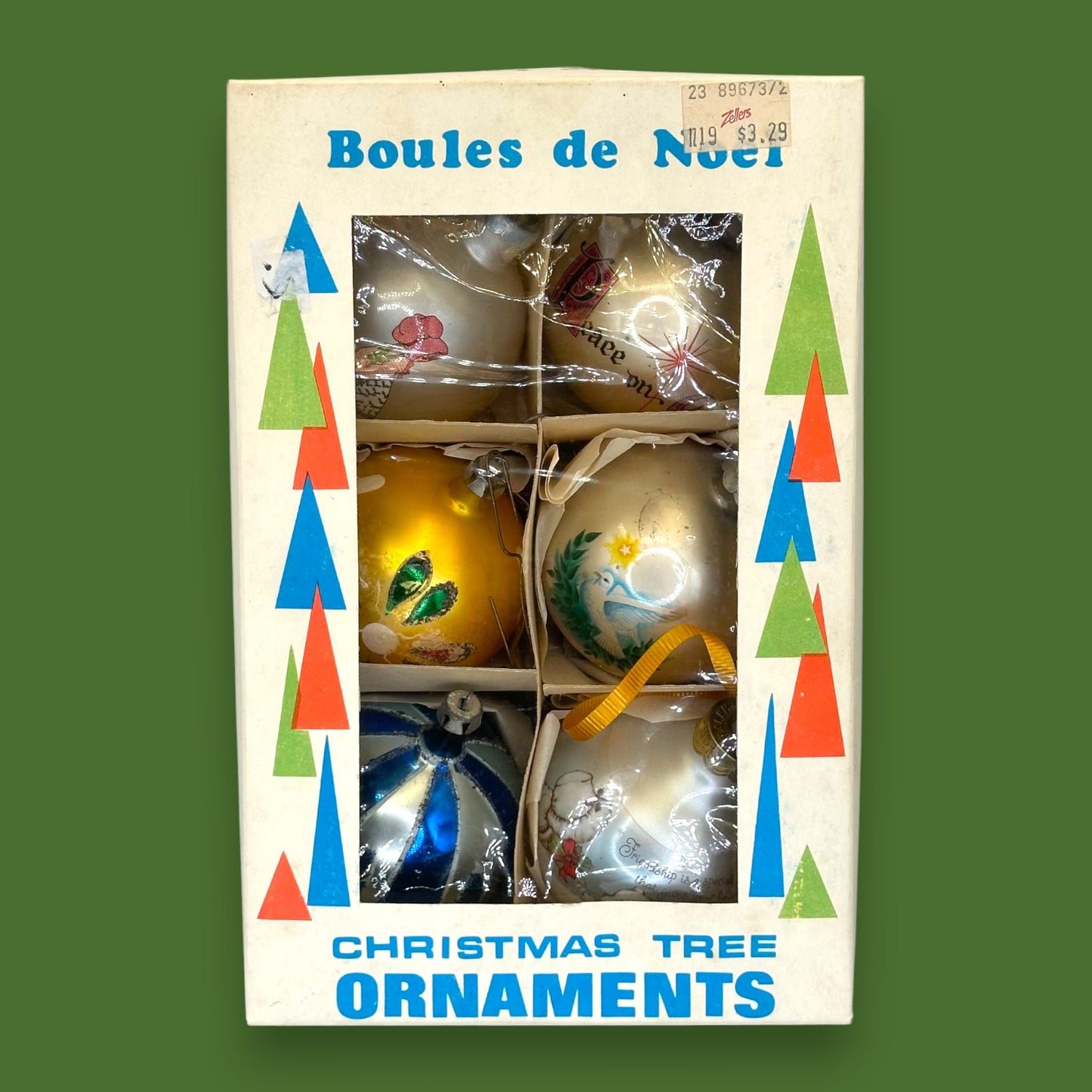 Vintage Box Set Christmas Ornaments, Boules de Noël, Mercury Glass, 6 Count