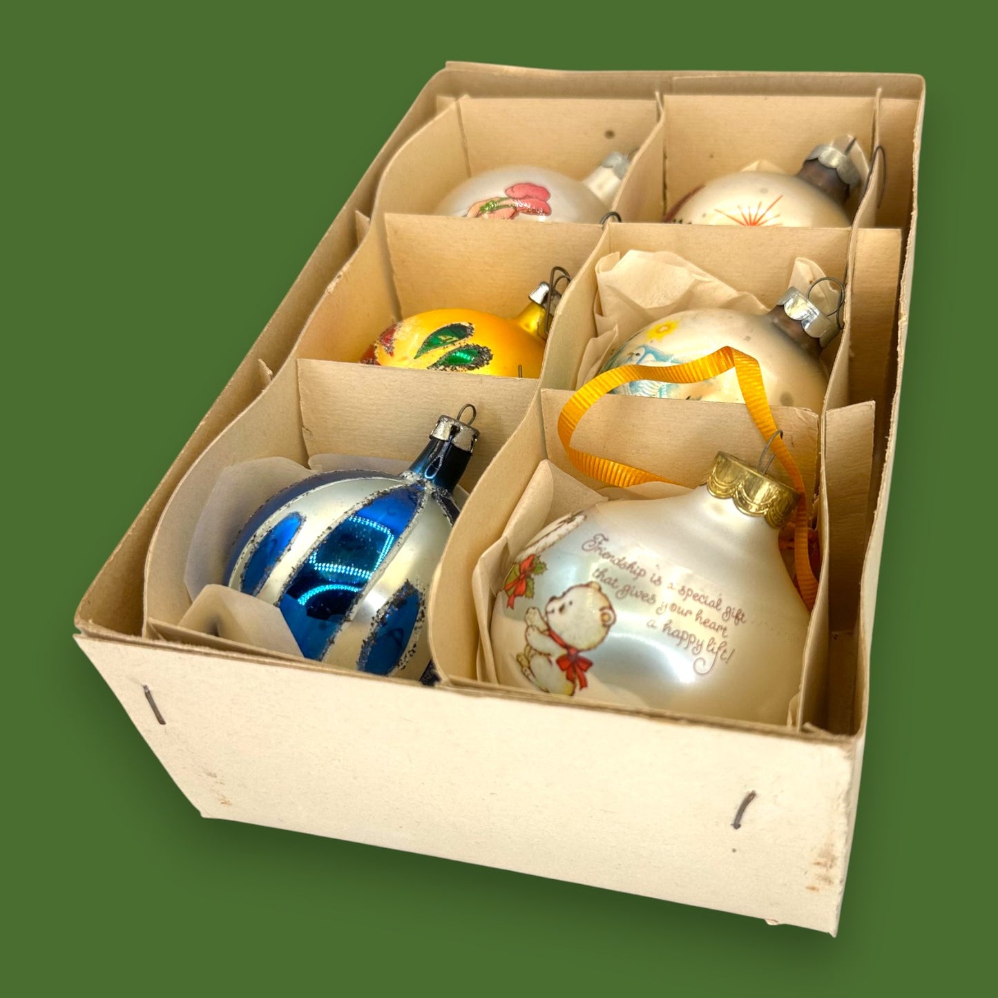 Vintage Box Set Christmas Ornaments, Boules de Noël, Mercury Glass, 6 Count