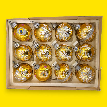 Vintage Gold German Glass Christmas Ornaments, Antique Bauble Set of 12 East German