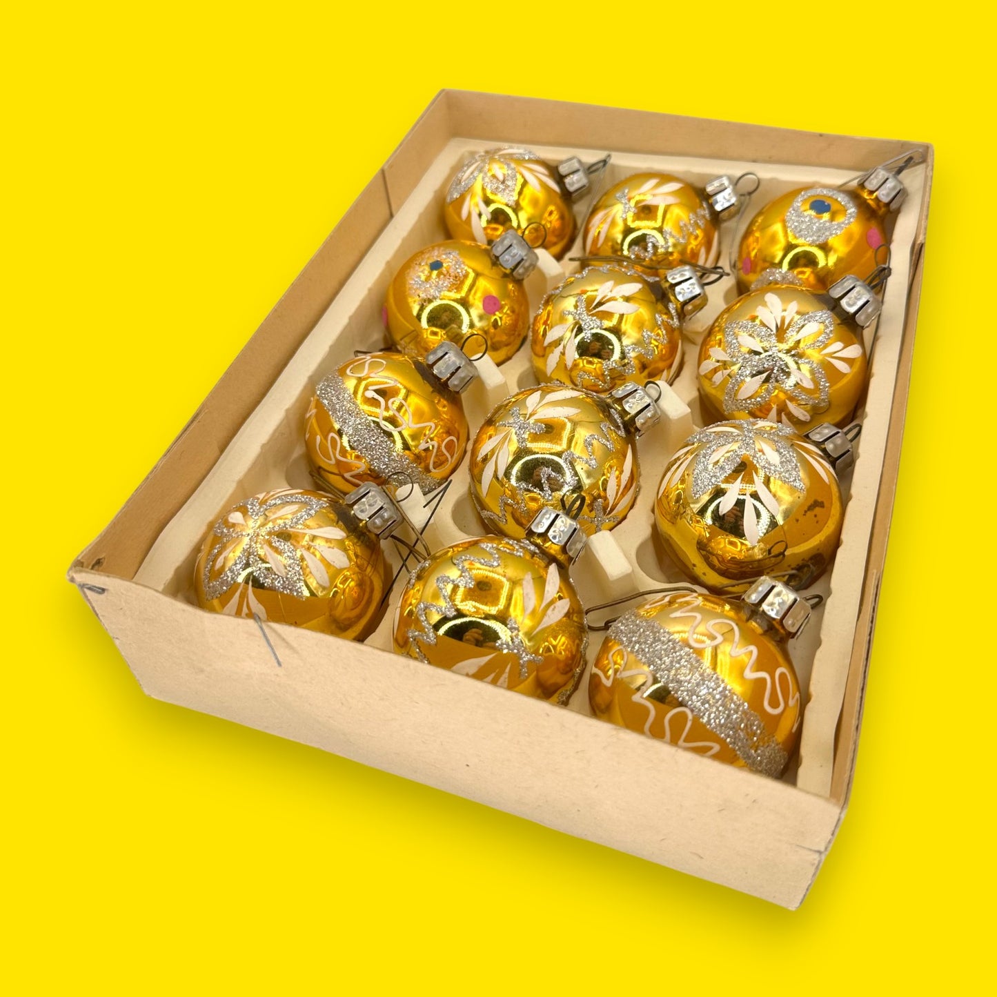 Vintage Gold German Glass Christmas Ornaments, Antique Bauble Set of 12 East German