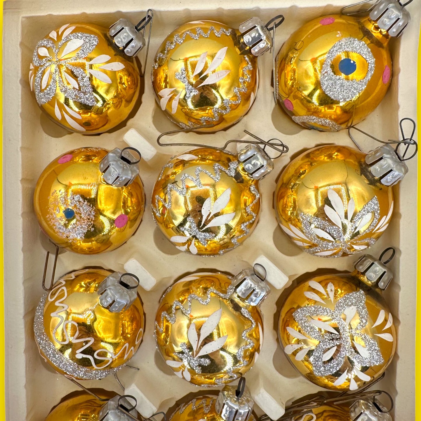 Vintage Gold German Glass Christmas Ornaments, Antique Bauble Set of 12 East German