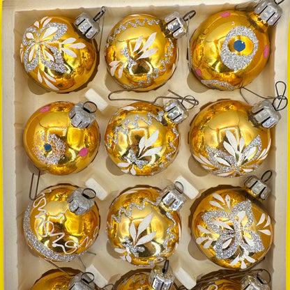 Vintage Gold German Glass Christmas Ornaments, Antique Bauble Set of 12 East German