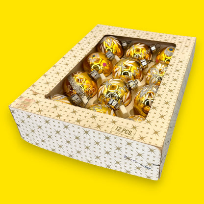 Vintage Gold German Glass Christmas Ornaments, Antique Bauble Set of 12 East German