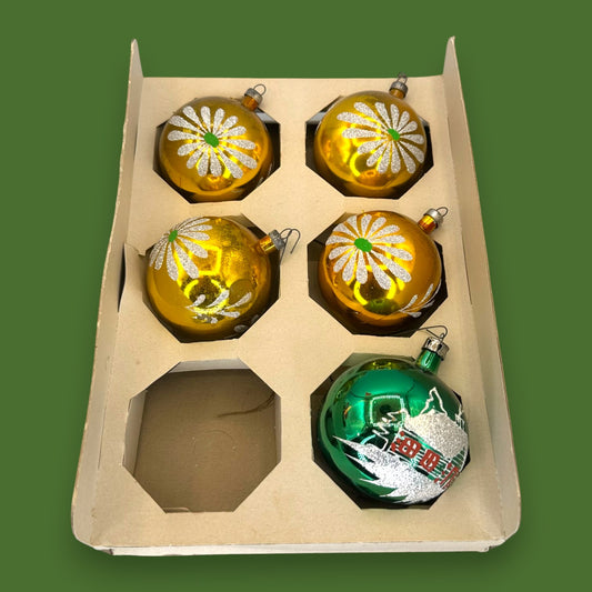Vintage COBY Christmas Ornaments, Daisy, Cottage Scene, Boxed Set of 5