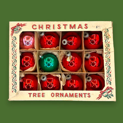 Vintage Red & Green Glass Christmas Ornaments, Mid-Century Boxed Set of 12
