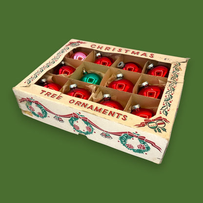 Vintage Red & Green Glass Christmas Ornaments, Mid-Century Boxed Set of 12