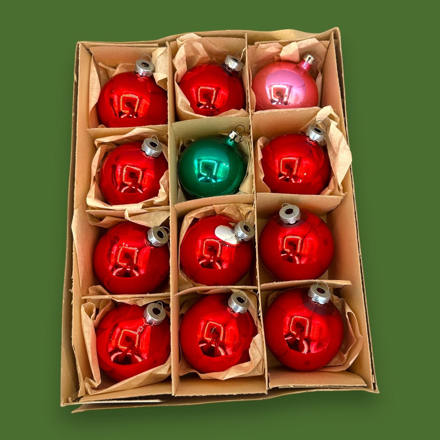 Vintage Red & Green Glass Christmas Ornaments, Mid-Century Boxed Set of 12