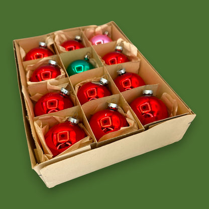 Vintage Red & Green Glass Christmas Ornaments, Mid-Century Boxed Set of 12