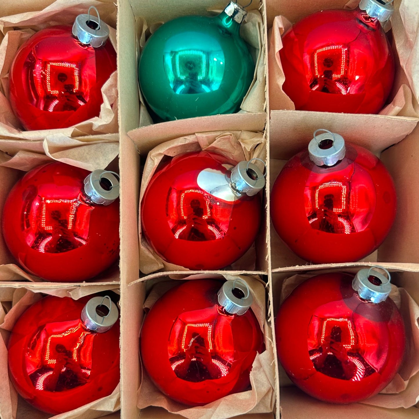 Vintage Red & Green Glass Christmas Ornaments, Mid-Century Boxed Set of 12