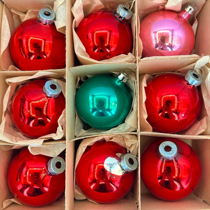 Vintage Red & Green Glass Christmas Ornaments, Mid-Century Boxed Set of 12