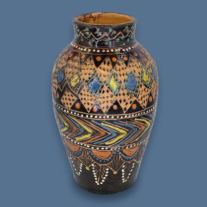 Vintage Black Terracotta Folk Art Vase: Painted Embossed Geometric Pattern 🏺
