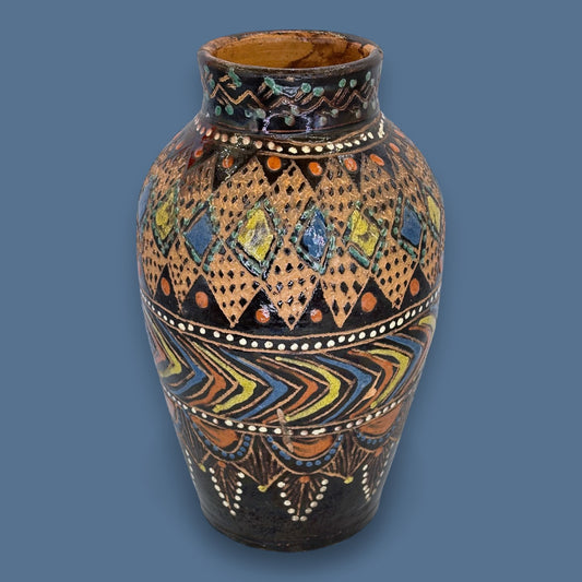 Vintage Black Terracotta Folk Art Vase: Painted Embossed Geometric Pattern 🏺