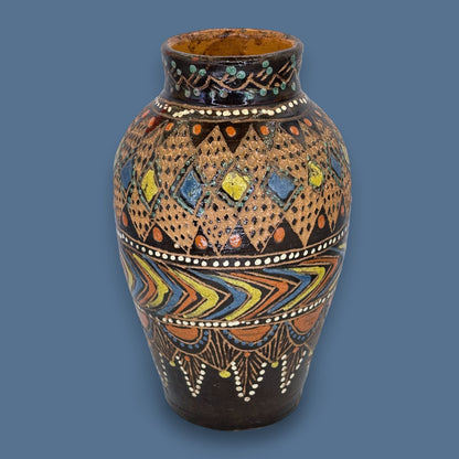 Vintage Black Terracotta Folk Art Vase: Painted Embossed Geometric Pattern 🏺