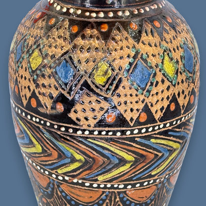 Vintage Black Terracotta Folk Art Vase: Painted Embossed Geometric Pattern 🏺