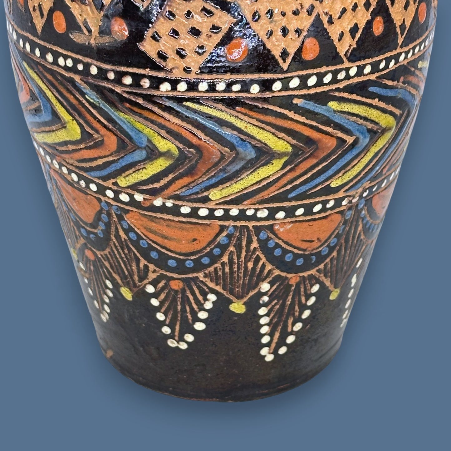 Vintage Black Terracotta Folk Art Vase: Painted Embossed Geometric Pattern 🏺