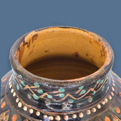 Vintage Black Terracotta Folk Art Vase: Painted Embossed Geometric Pattern 🏺