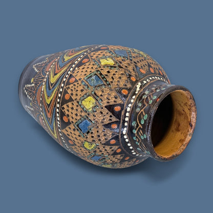 Vintage Black Terracotta Folk Art Vase: Painted Embossed Geometric Pattern 🏺