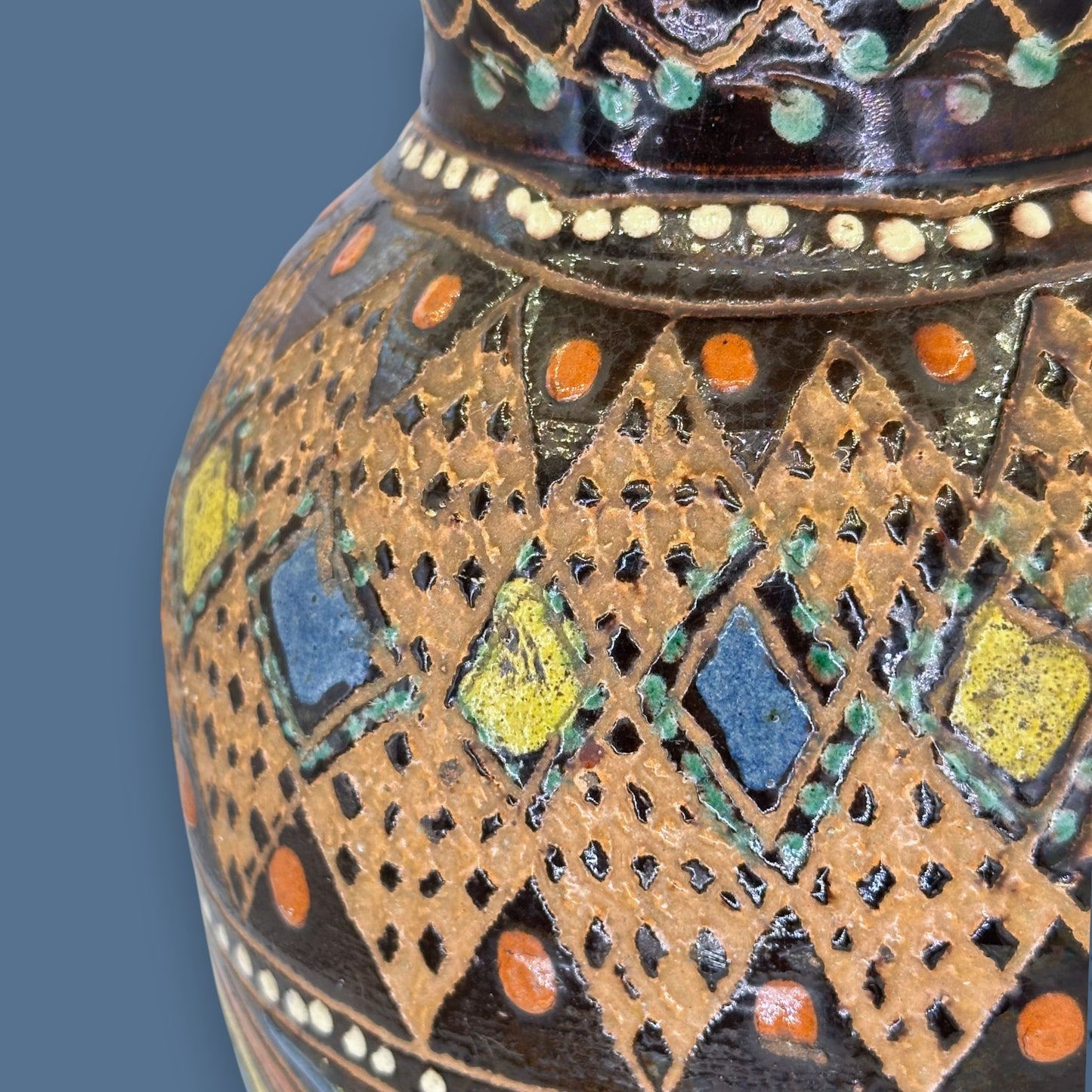 Vintage Black Terracotta Folk Art Vase: Painted Embossed Geometric Pattern 🏺