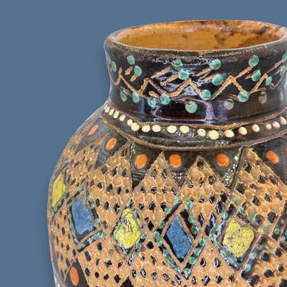 Vintage Black Terracotta Folk Art Vase: Painted Embossed Geometric Pattern 🏺