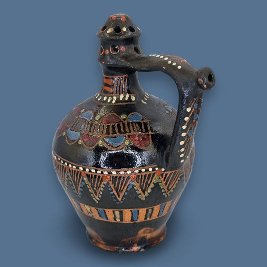 Antique Blackware Terracotta Wine Jug: Multi-Coloured Folk Art Pottery
