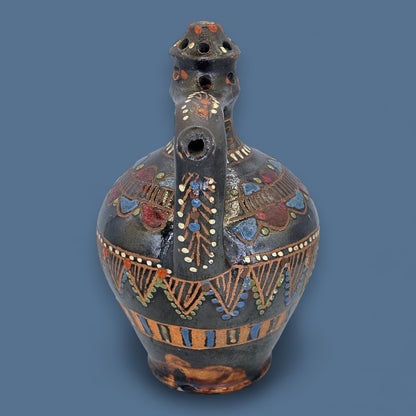 Antique Blackware Terracotta Wine Jug: Multi-Coloured Folk Art Pottery