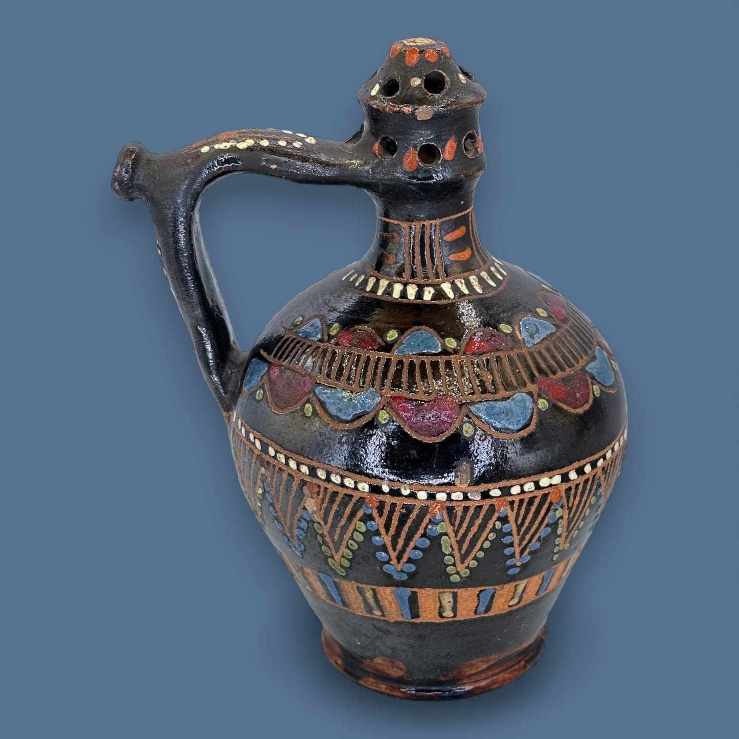 Antique Blackware Terracotta Wine Jug: Multi-Coloured Folk Art Pottery