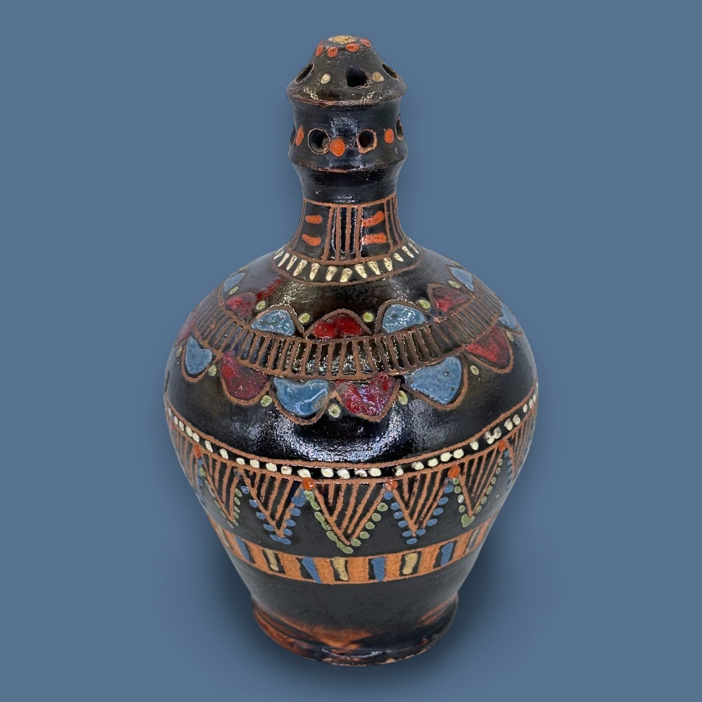 Antique Blackware Terracotta Wine Jug: Multi-Coloured Folk Art Pottery