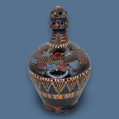 Antique Blackware Terracotta Wine Jug: Multi-Coloured Folk Art Pottery