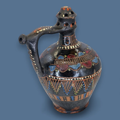 Antique Blackware Terracotta Wine Jug: Multi-Coloured Folk Art Pottery