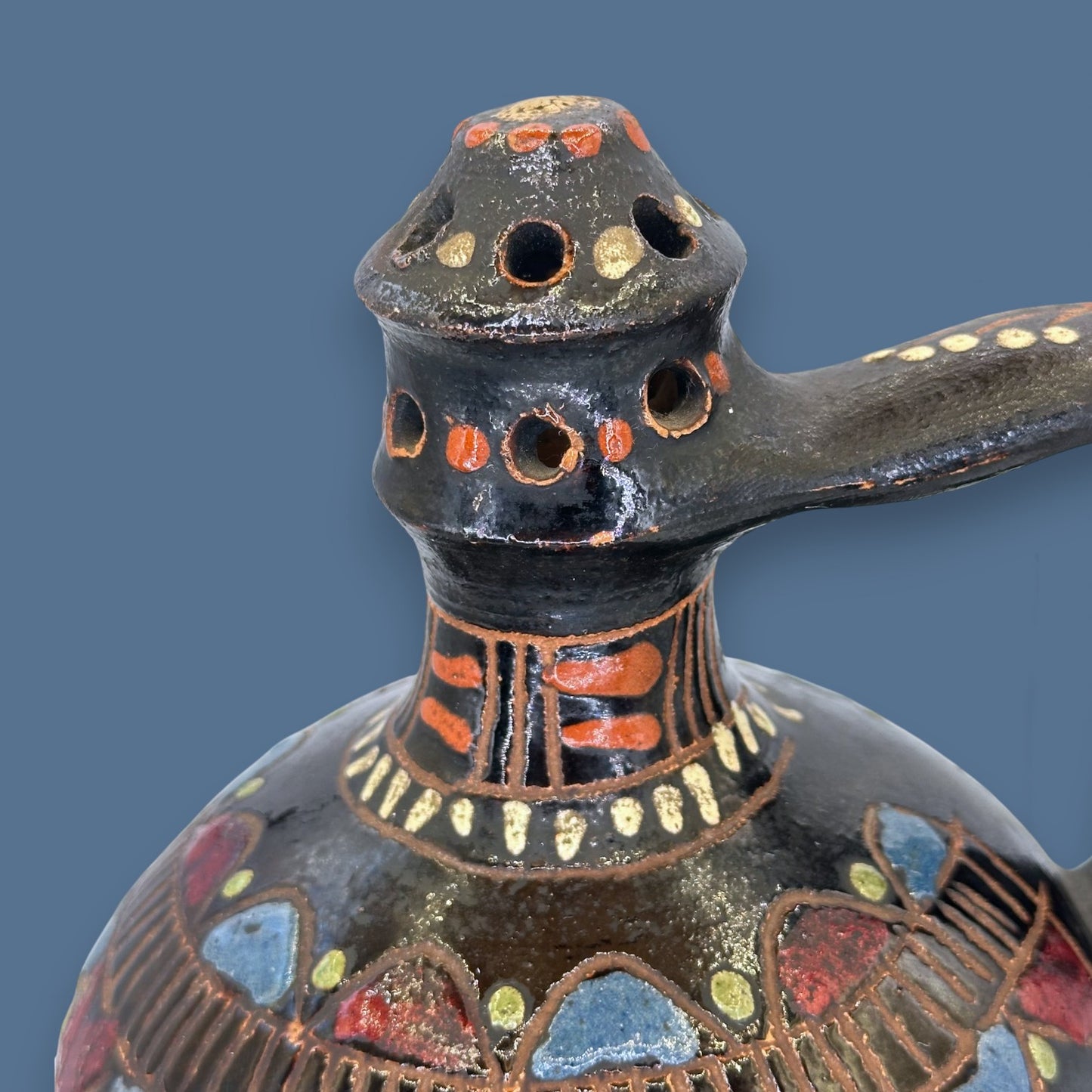 Antique Blackware Terracotta Wine Jug: Multi-Coloured Folk Art Pottery