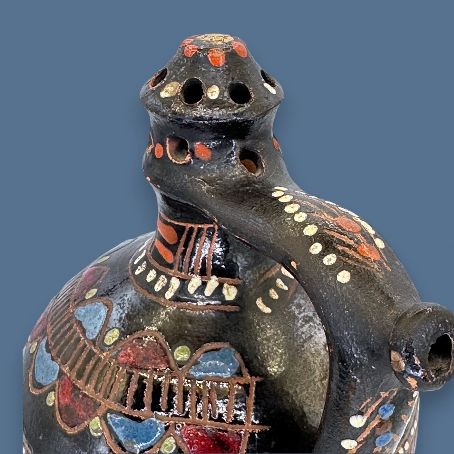 Antique Blackware Terracotta Wine Jug: Multi-Coloured Folk Art Pottery