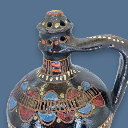 Antique Blackware Terracotta Wine Jug: Multi-Coloured Folk Art Pottery