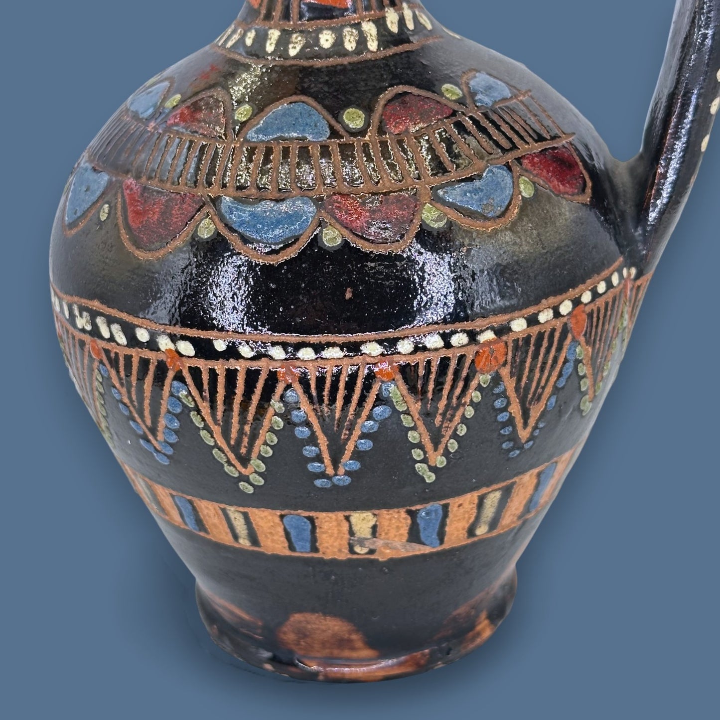 Antique Blackware Terracotta Wine Jug: Multi-Coloured Folk Art Pottery