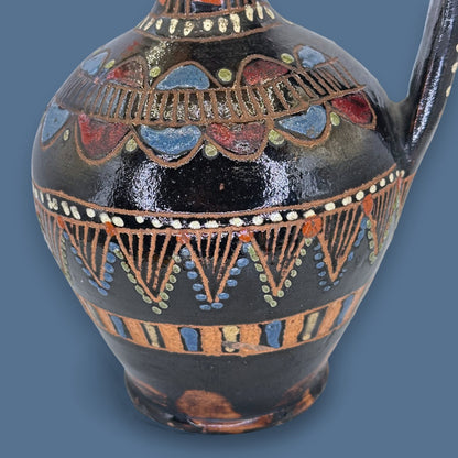 Antique Blackware Terracotta Wine Jug: Multi-Coloured Folk Art Pottery