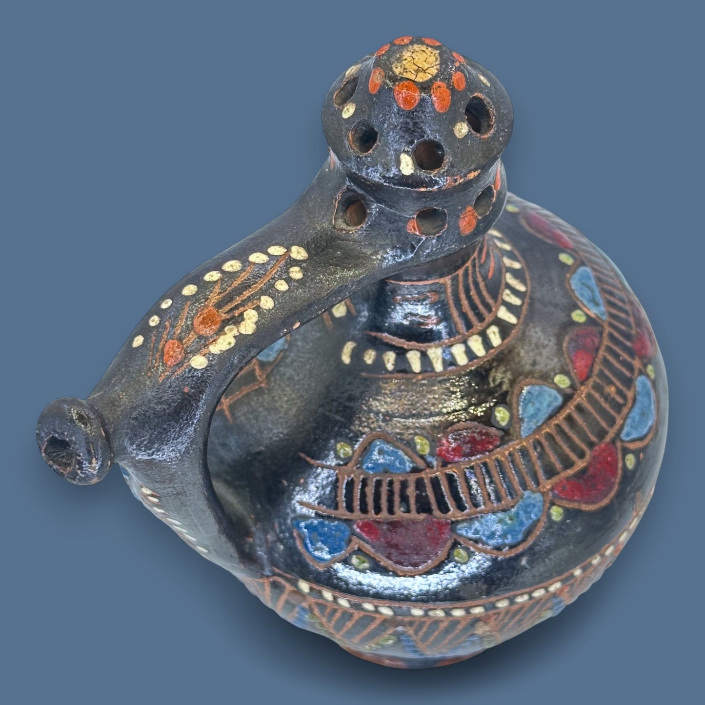 Antique Blackware Terracotta Wine Jug: Multi-Coloured Folk Art Pottery