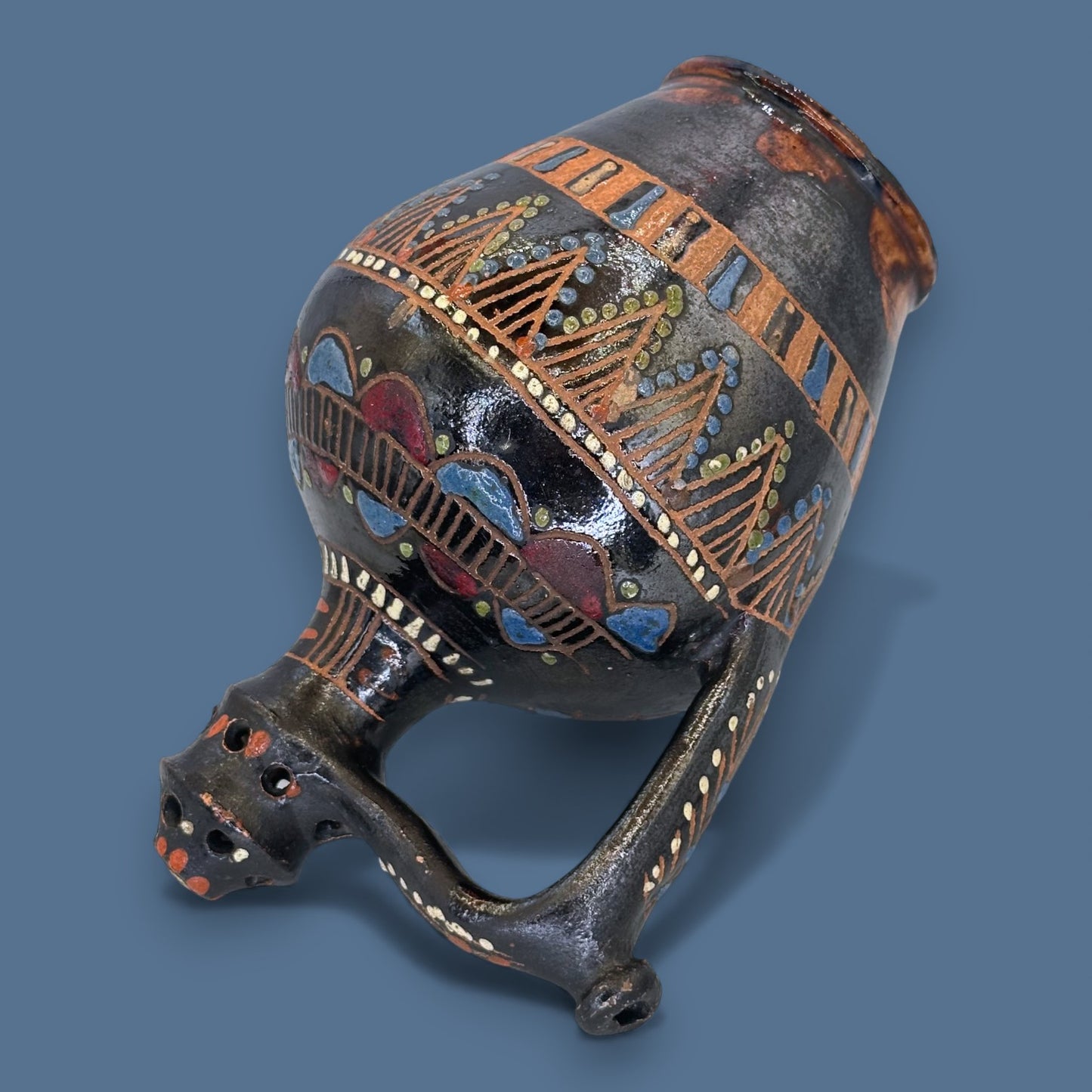 Antique Blackware Terracotta Wine Jug: Multi-Coloured Folk Art Pottery