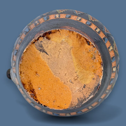 Antique Blackware Terracotta Wine Jug: Multi-Coloured Folk Art Pottery