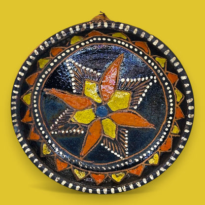Vintage Blackware Terracotta Wall Plate: Hand-Painted Starburst Folk Art