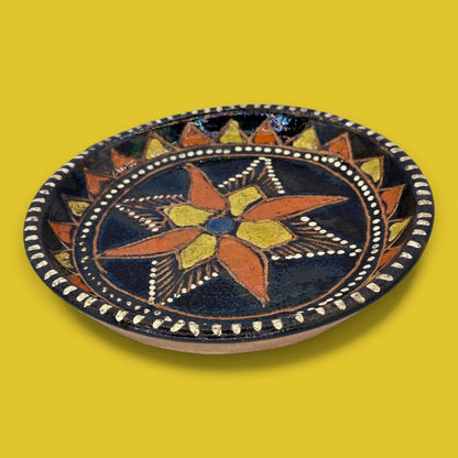 Vintage Blackware Terracotta Wall Plate: Hand-Painted Starburst Folk Art