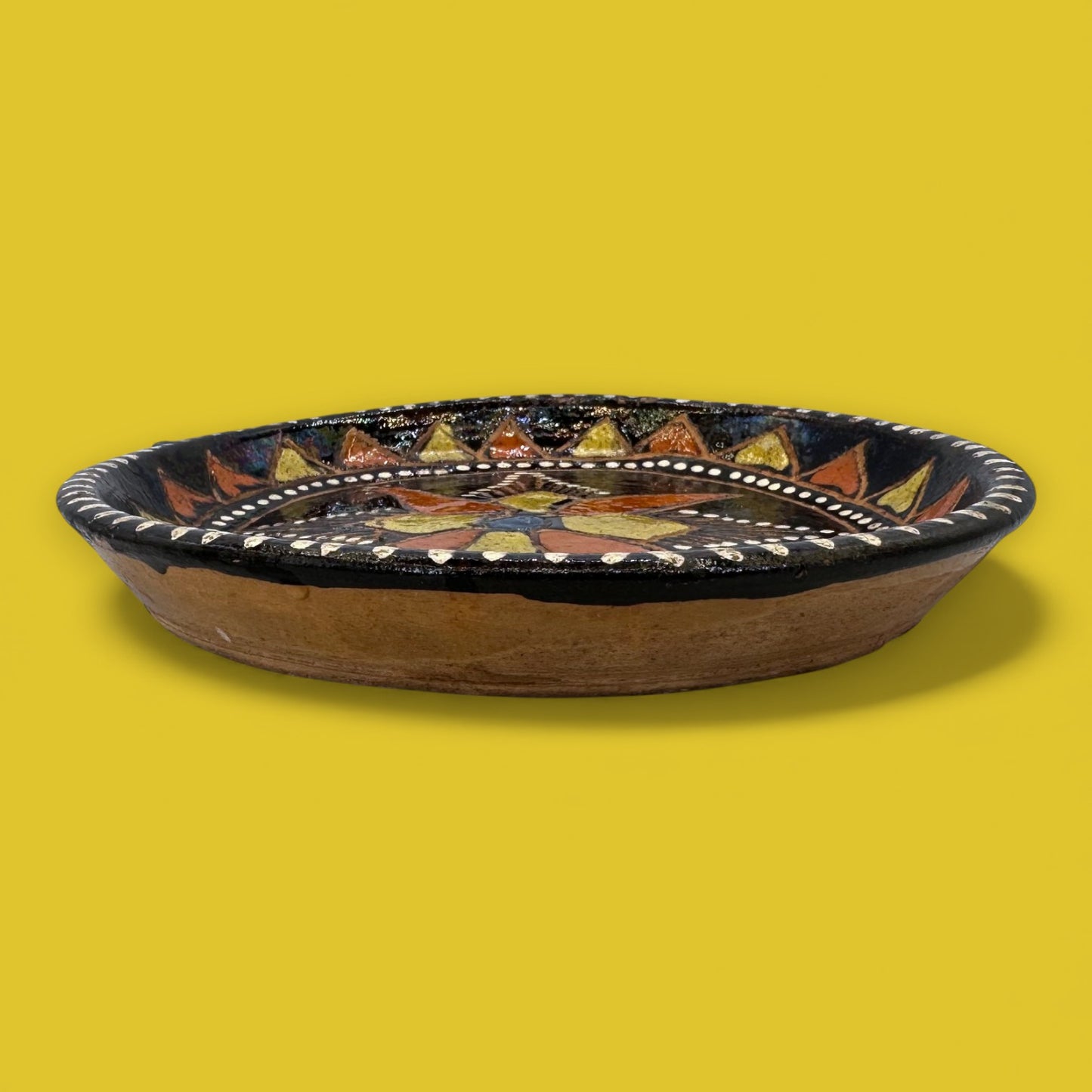 Vintage Blackware Terracotta Wall Plate: Hand-Painted Starburst Folk Art