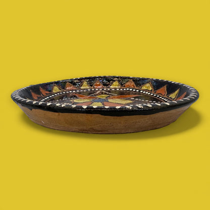 Vintage Blackware Terracotta Wall Plate: Hand-Painted Starburst Folk Art