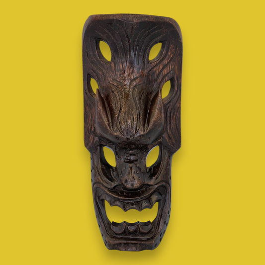 Vintage Indonesian Wooden Barong Mask: Dark Hand-Carved Bali Wall Art - TIKI Mask