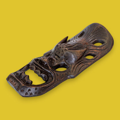 Vintage Indonesian Wooden Barong Mask: Dark Hand-Carved Bali Wall Art - TIKI Mask