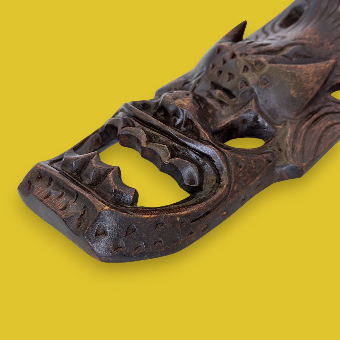 Vintage Indonesian Wooden Barong Mask: Dark Hand-Carved Bali Wall Art - TIKI Mask