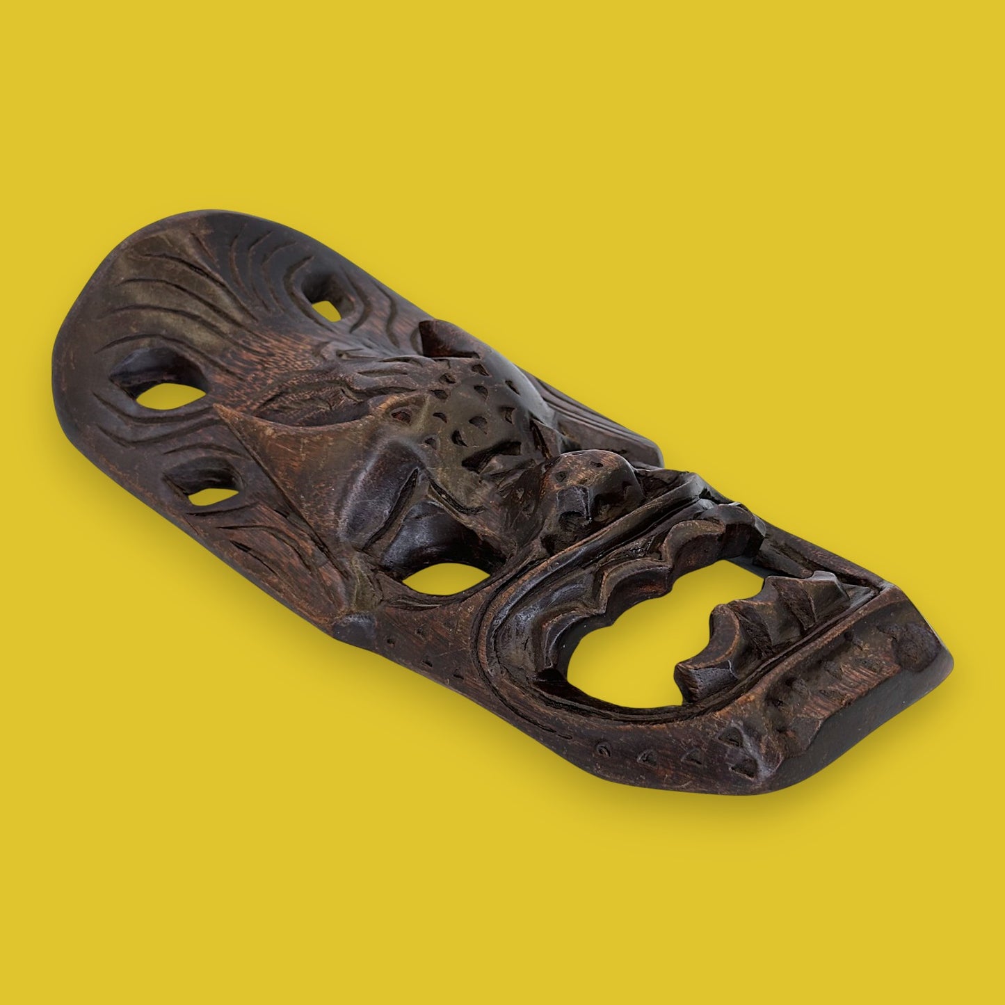 Vintage Indonesian Wooden Barong Mask: Dark Hand-Carved Bali Wall Art - TIKI Mask