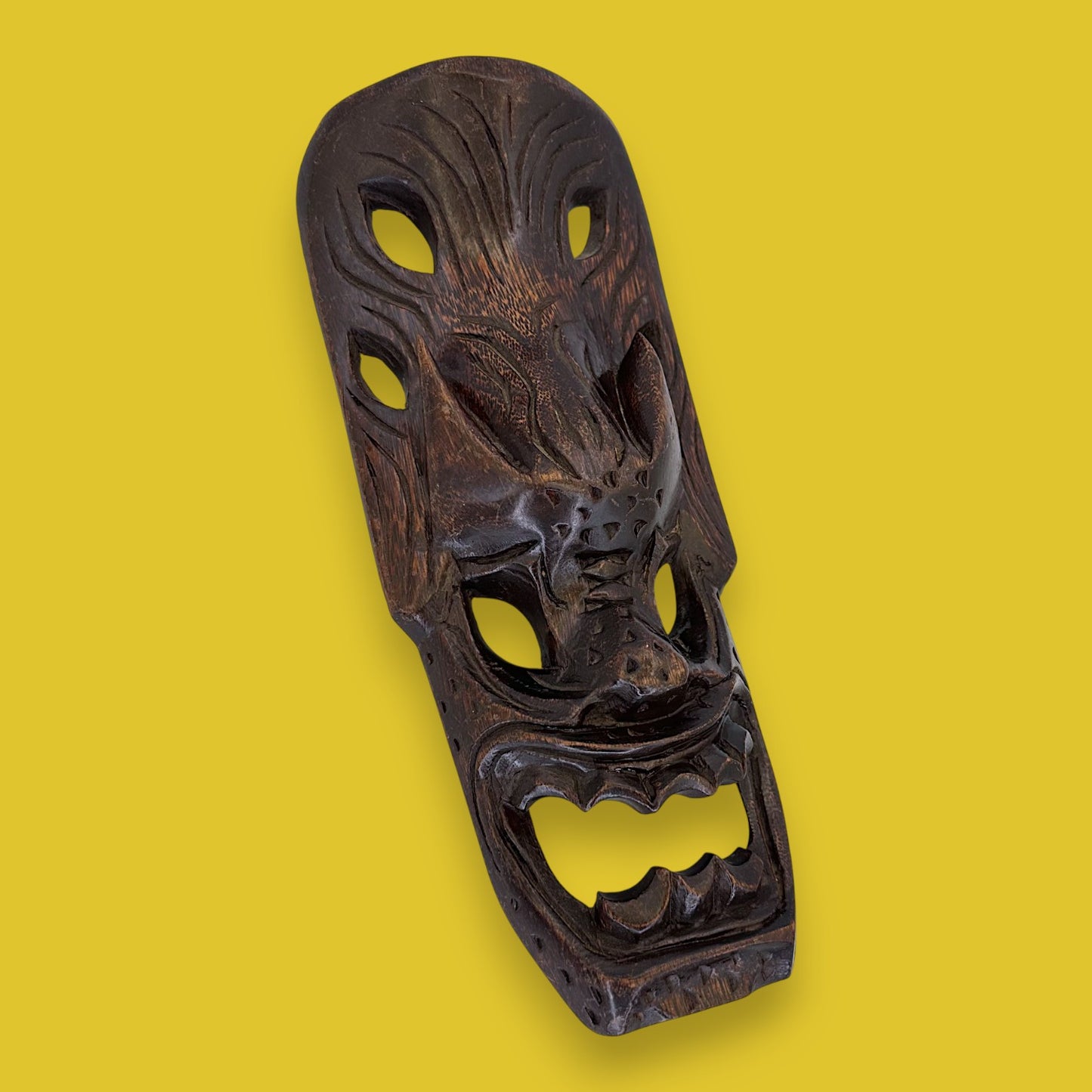 Vintage Indonesian Wooden Barong Mask: Dark Hand-Carved Bali Wall Art - TIKI Mask