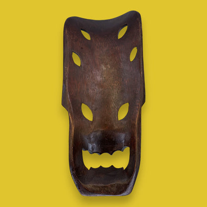Vintage Indonesian Wooden Barong Mask: Dark Hand-Carved Bali Wall Art - TIKI Mask