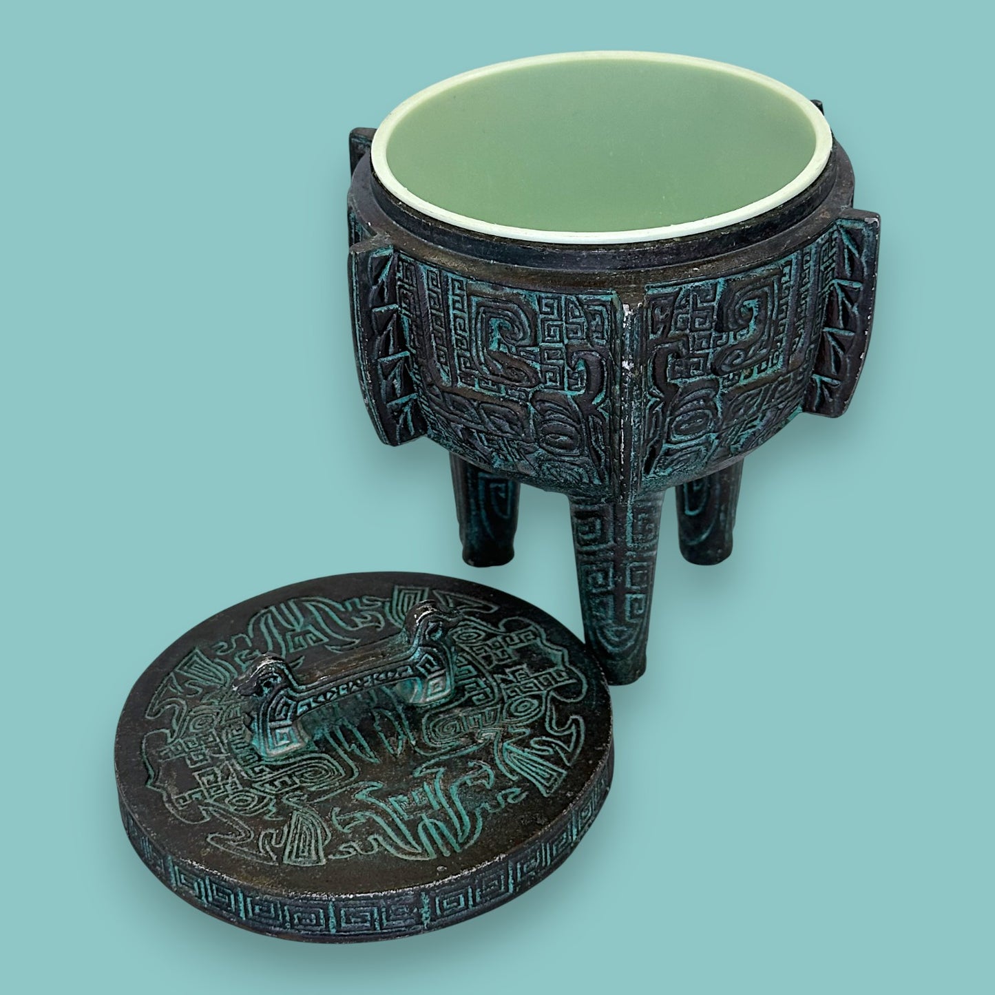 Vintage Archaistic Bronze Ding Vessel Brutalist Bowl /Ashtray: Made in Taiwan Patina